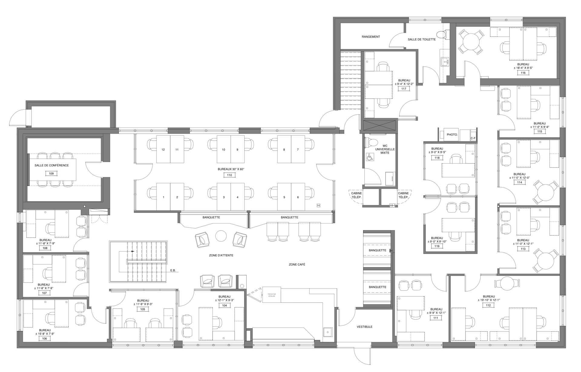 Plan d'étage espace de coworking Châteauguay Au Bureau.co